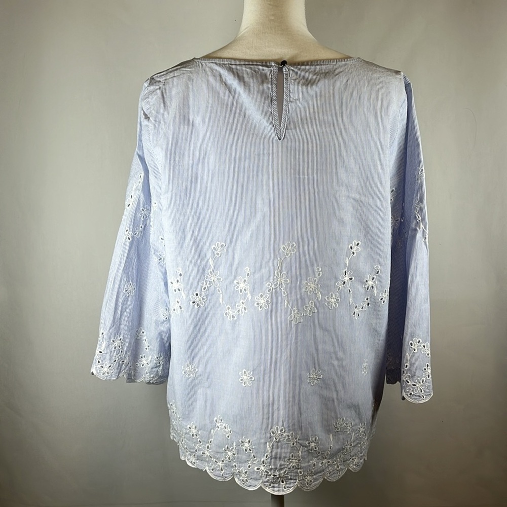 Liz Claiborne Sky Blue Eyelet Lace Blouse Scalloped Hem 3/4 Sleeve Cotton Top - Picture 3 of 6